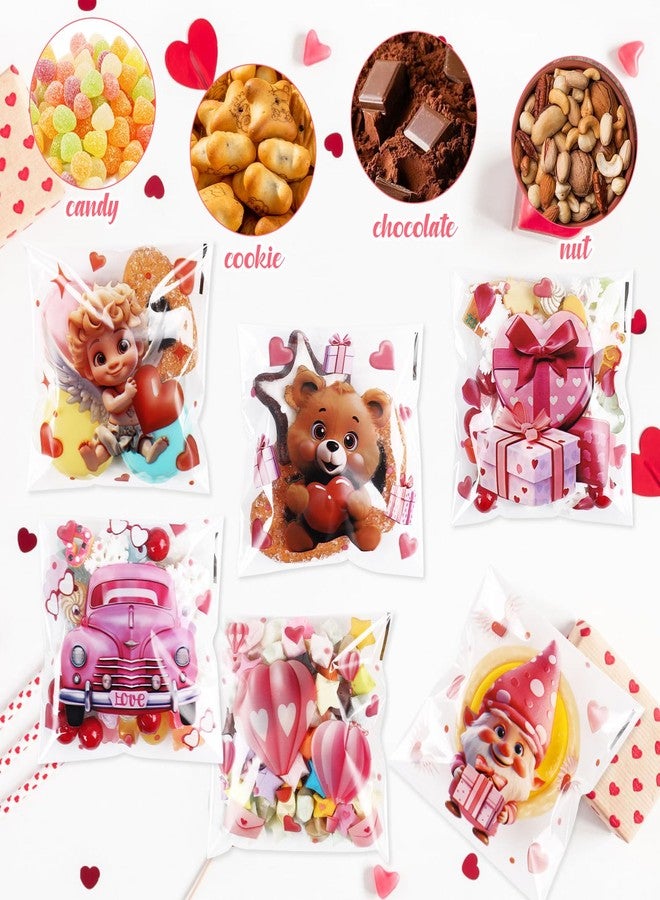LOKIPA 180 PCS Valentines Cellophane Treat Bags, 6 Styles Self-Adhesive Valentines Cookie Bags Plastic Heart Goodie Bags for Valentine Party Favor Supplies - Image 5
