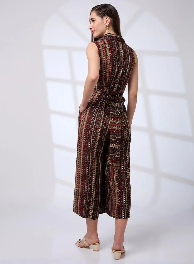Globus Brown Women Lapel Collar Waist Tie-Up Fusion Jumpsuit for Women | Best Price UAE