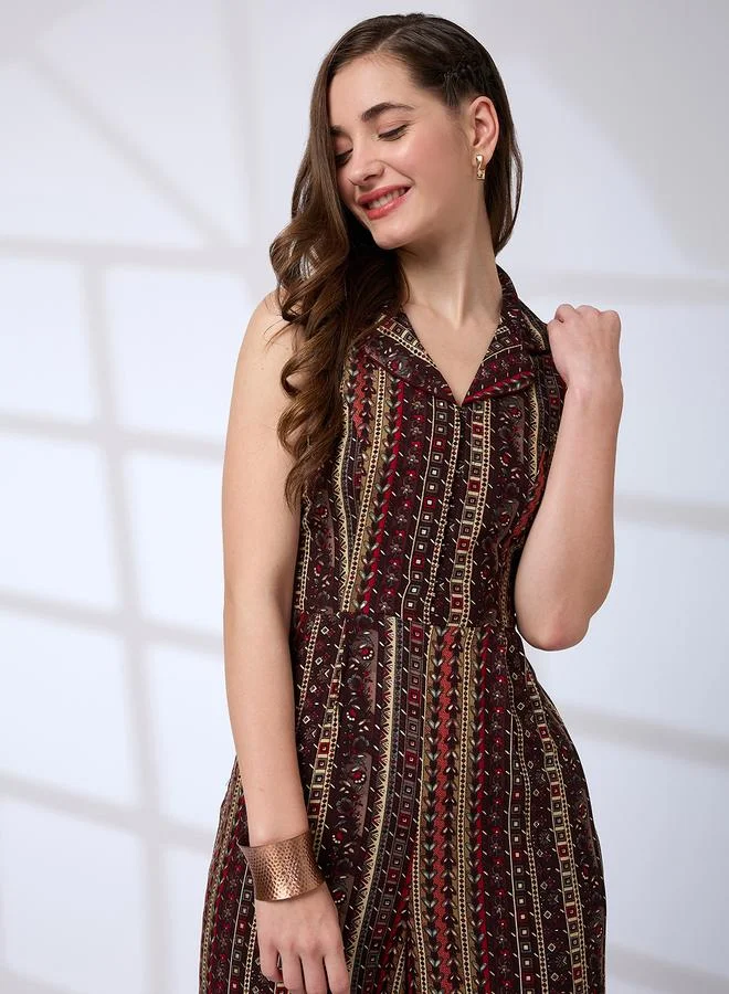 Globus Brown Women Lapel Collar Waist Tie-Up Fusion Jumpsuit for Women | Best Price UAE