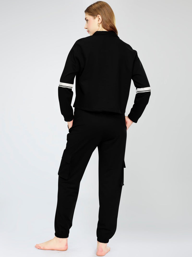 ZEYO Women's Cotton Black Track suit Typography Printed Crop Top Co-ords set 5816 - Image 5