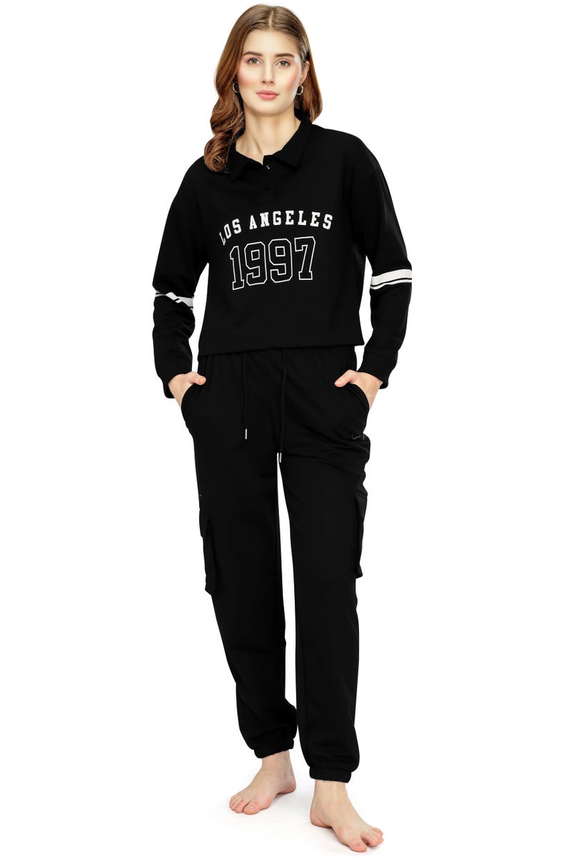 ZEYO Women's Cotton Black Track suit Typography Printed Crop Top Co-ords set 5816 - Image 1