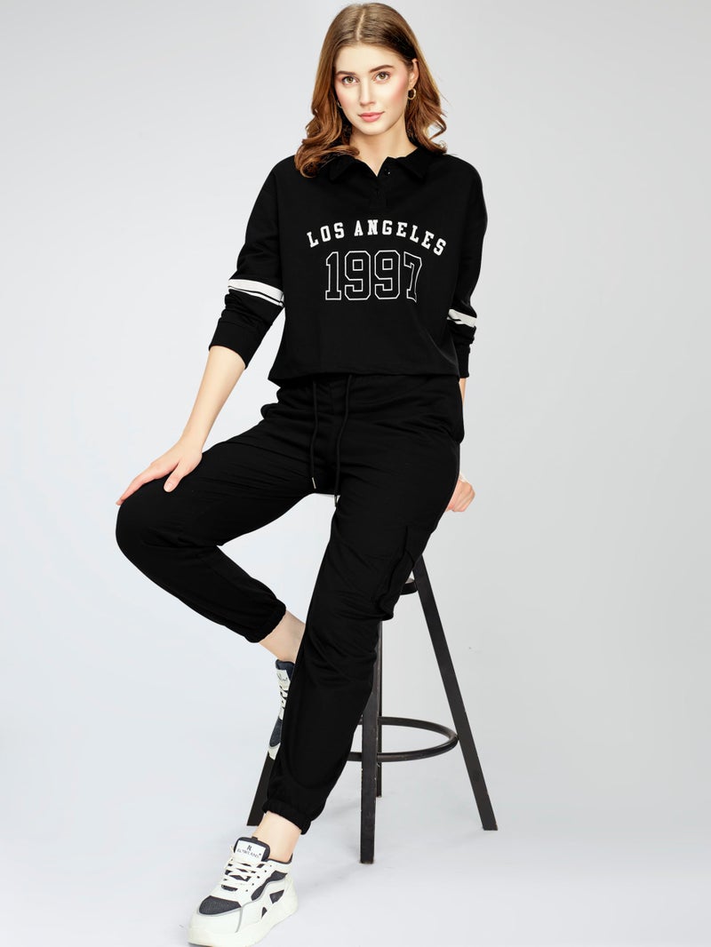 ZEYO Women's Cotton Black Track suit Typography Printed Crop Top Co-ords set 5816 - Image 3