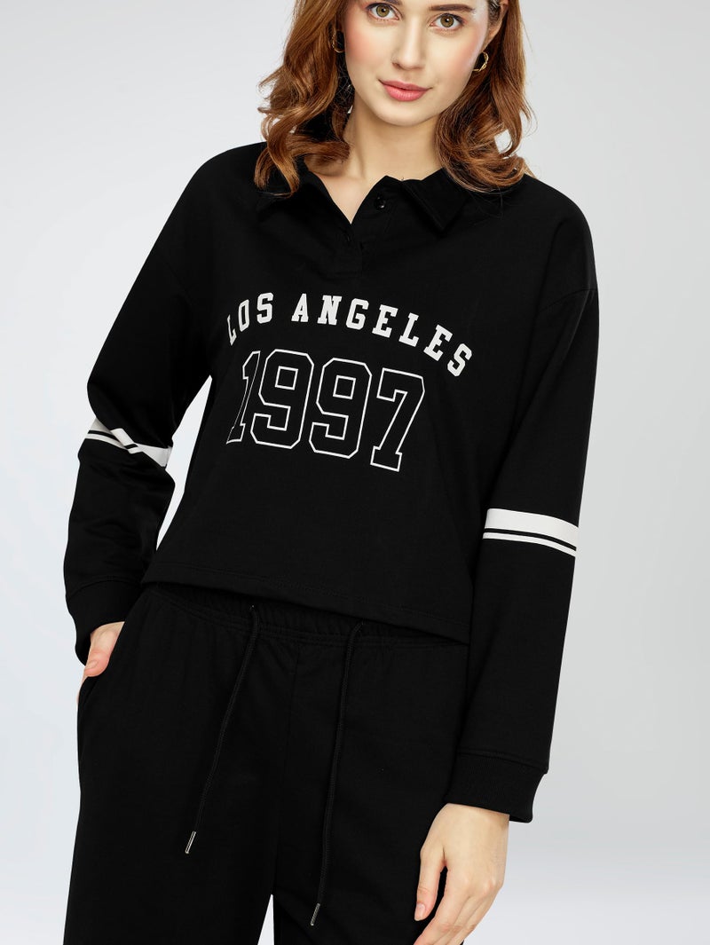 ZEYO Women's Cotton Black Track suit Typography Printed Crop Top Co-ords set 5816 - Image 2
