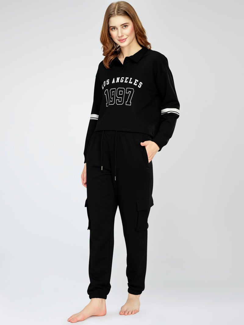 ZEYO Women's Cotton Black Track suit Typography Printed Crop Top Co-ords set 5816 - Image 4