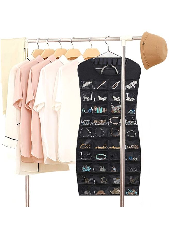 AL THEQA 80 Clear Pockets & 7 Hook Loops Storage for Storing Jewelries, Earrings, Necklaces（Black） - Image 2