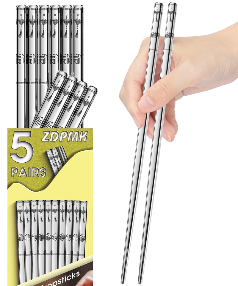 Stainless Steel Chopsticks  5 Pairs Reusable metal chopsticks Dishwasher Safe Japanese Chinese korean Chopsticks SetNonSlip stainless chop sticks silver metal chop sticks for Beginners and Adults