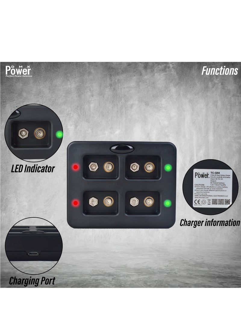 DMK Power 9V Battery Charger, 4-slot 9V Quick Rechargeable Li-ion/Ni-Mh/Ni-Cd Fast charger with LED indicator for PP3 6LR61 9V Lithium Battery,Built-in Protection Board(TC-Q94) - Image 4