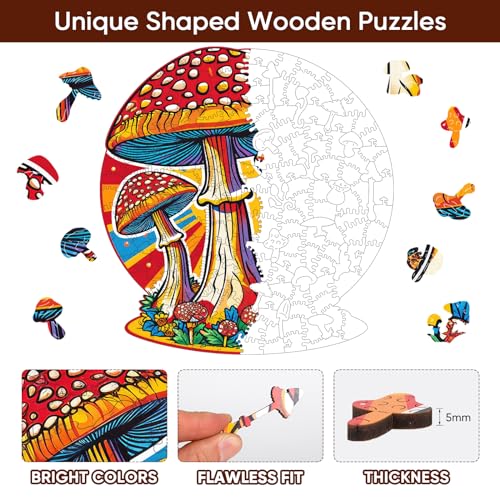 Mys Aurora Mushroom Wooden Puzzles for Adults 200 Piece Unique Shaped Wood Jigsaw Puzzles for Adults and Kids Fun Challenging Puzzles Family Game Gift Medium 112 x 107 - Image 5