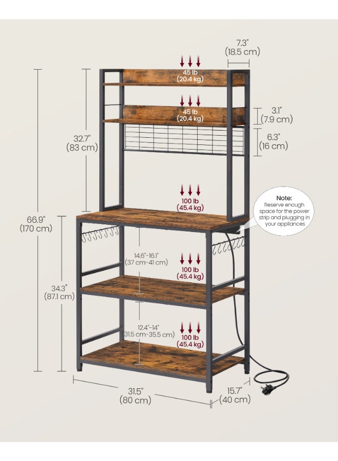 VASAGLE Kitchen Storage Rack with Power Outlet, Coffee Bar, Baker's Rack, with Metal Wire Panel, 14 Hooks, for Microwave, Steel Frame, 40 x 80 x 170 cm, Rustic Brown and Black - Image 5