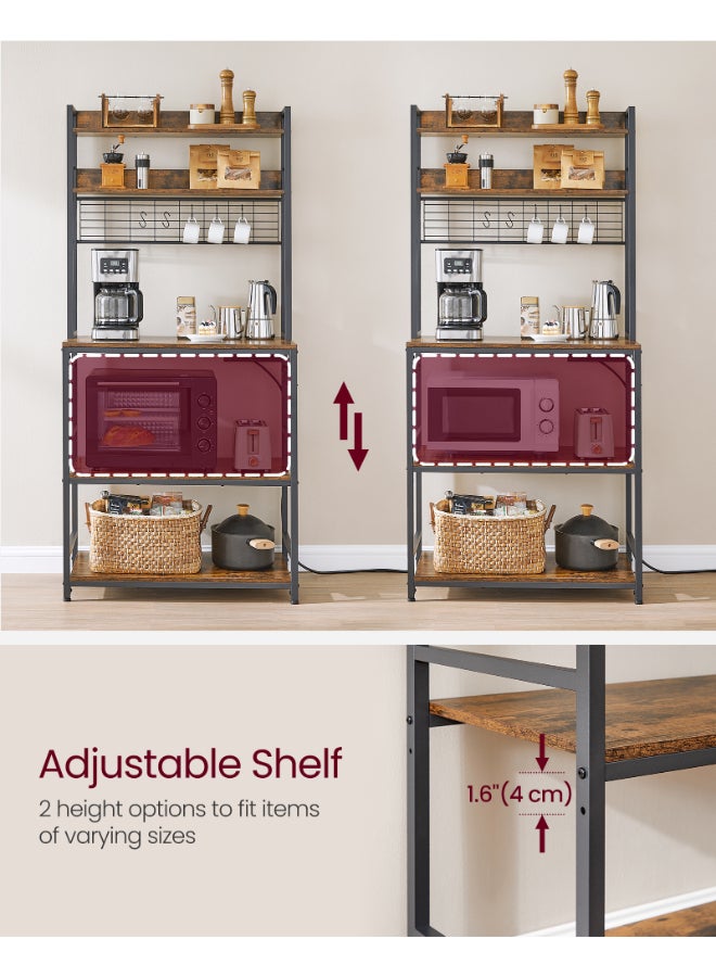 VASAGLE Kitchen Storage Rack with Power Outlet, Coffee Bar, Baker's Rack, with Metal Wire Panel, 14 Hooks, for Microwave, Steel Frame, 40 x 80 x 170 cm, Rustic Brown and Black - Image 4