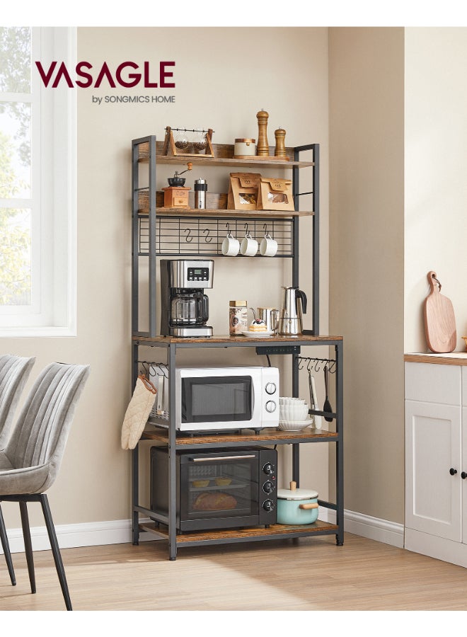 VASAGLE Kitchen Storage Rack with Power Outlet, Coffee Bar, Baker's Rack, with Metal Wire Panel, 14 Hooks, for Microwave, Steel Frame, 40 x 80 x 170 cm, Rustic Brown and Black - Image 2