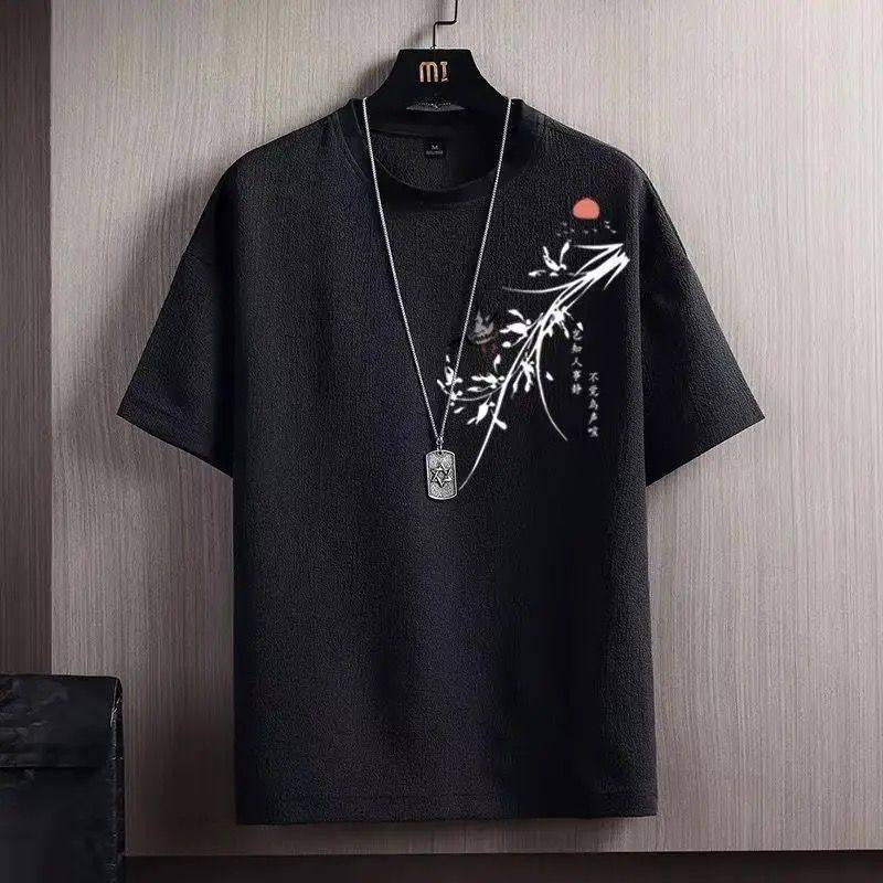 Round-neck short-sleeved T-shirt for men, thin summer national trend, high-end printed casual T-shirt, youth quick-drying ice silk top - Image 1