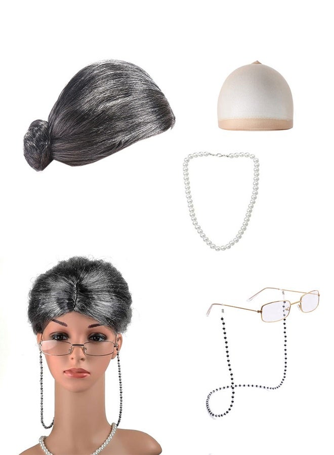 Old Lady Wig Costume for Women 100 Days of School Costume for Kids Girls Grandma Granny Costume Wig for Cosplay Grey - Image 2