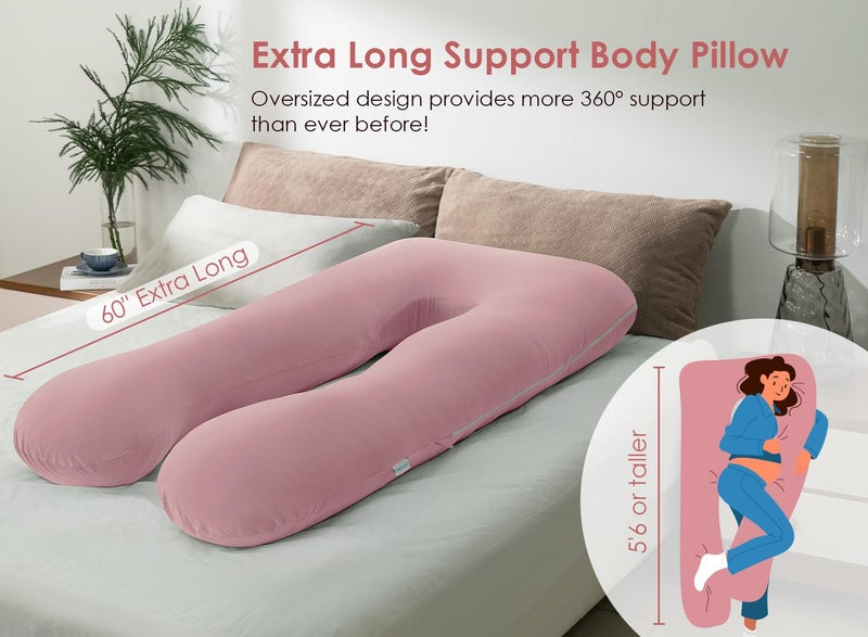 QUEEN ROSE Extra Long Pregnancy Pillows, 60 Inch U Shaped Body Pillow for Sleeping, Cooling Maternity Pillow for Pregnant Women, Body Support for Adults, with Soft Silky Cover, Pink - Image 2