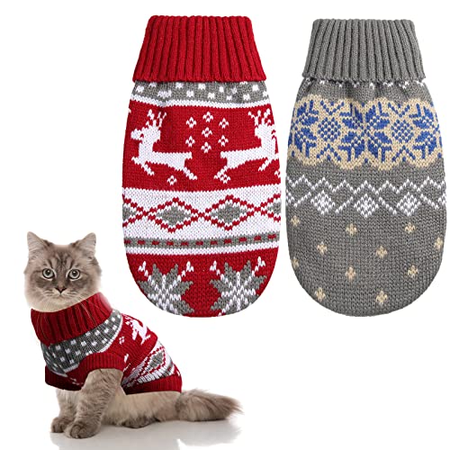 Eccliy 2 Pieces Christmas Cat Dog Sweater Christmas Outfit Holiday Sweater for Small Dogs Winter Knitwear Xmas Pet Clothes Warm Reindeer Snowflake for Kitty PuppyS - Image 1