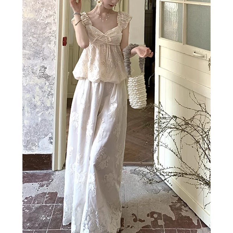 French Riviera Vacation Tencel Set: Camisole Top & Embroidered Wide-Leg Pants - Image 1