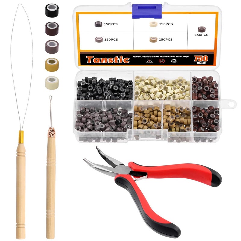 Tanstic 753Pcs Hair Extension Kit including 750Pcs 5 Colors Silicone Lined Micro Rings Beads with Hair Extension Pliers Pulling Hook Loop and Needle Threader Black White Brown Beige Dark Brown