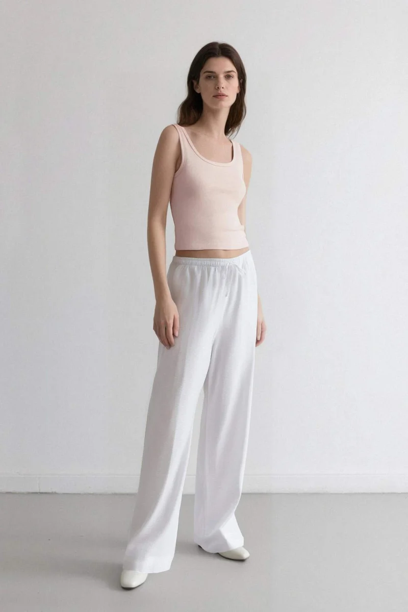 ديفاكتو Wide Leg Double Pocket High Waist White Trousers