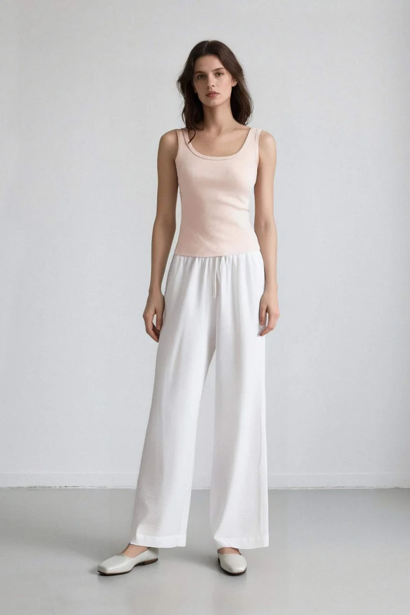 ديفاكتو Wide Leg Double Pocket High Waist White Trousers