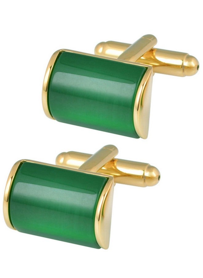 Jonwo Rectangle Green Cat Eye Cufflinks For Men Natural Opal Stone Cuff Links With Gift Box Wedding Business Gift For Men (Golden Cat Eye) - Image 1