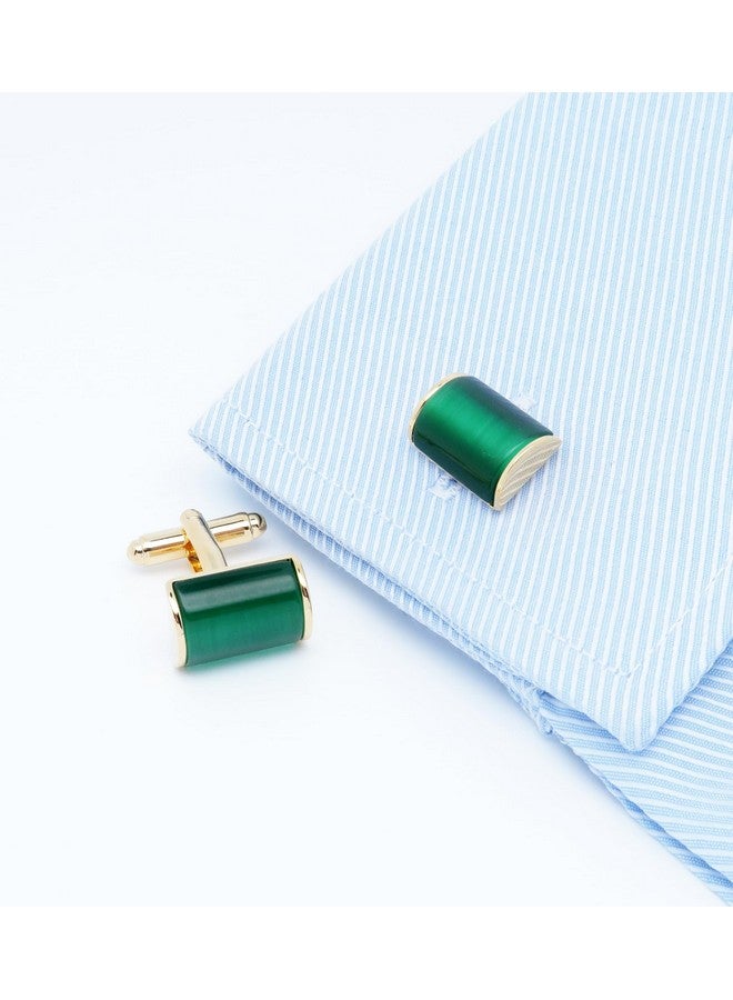 Jonwo Rectangle Green Cat Eye Cufflinks For Men Natural Opal Stone Cuff Links With Gift Box Wedding Business Gift For Men (Golden Cat Eye) - Image 2