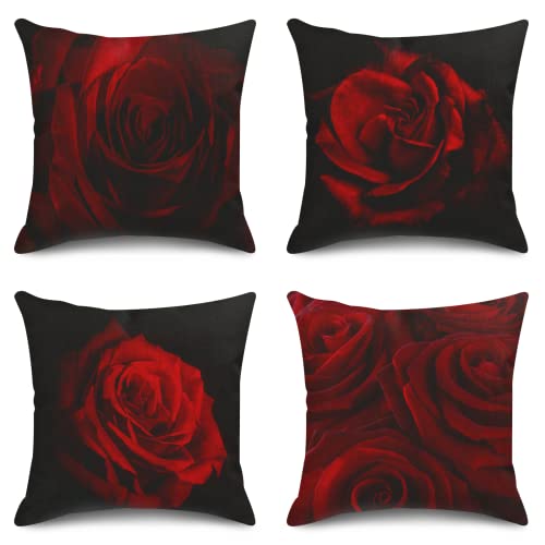 Sanwarm Throw Pillow Covers Home Decor Set of 4 Pillow Cases Decorative 18 x 18 Inches Cushion Couch Sofa Pillowcases Red Rose Flower Black Beauty Bloom