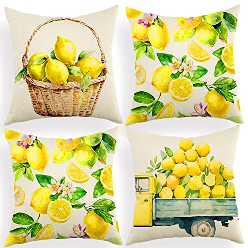Ogiselestyle Watercolor Lemons Throw Pillow Covers, 18 x 18 Inch Yellow Summer Lemon Cushion Case for Sofa Couch Set of 4 - Image 1