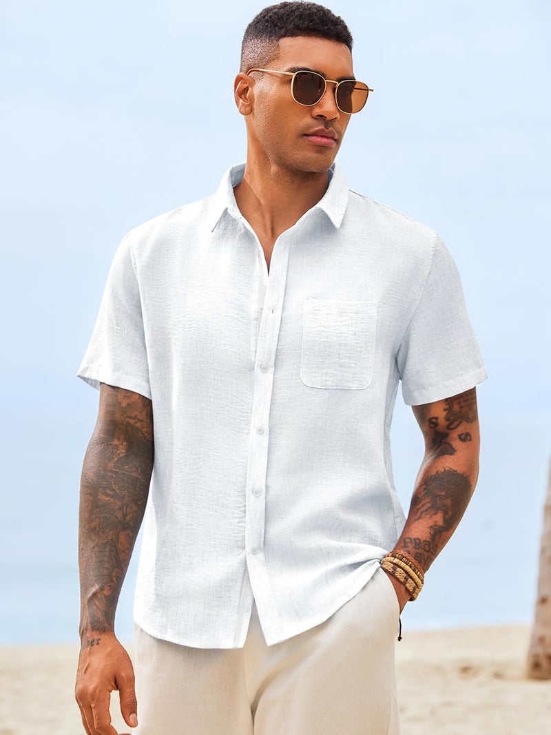 Runcati Mens Linen Button Down Shirts Casual Short Sleeve Shirt Summer Beach Wedding Tops with Pocket White - Image 4