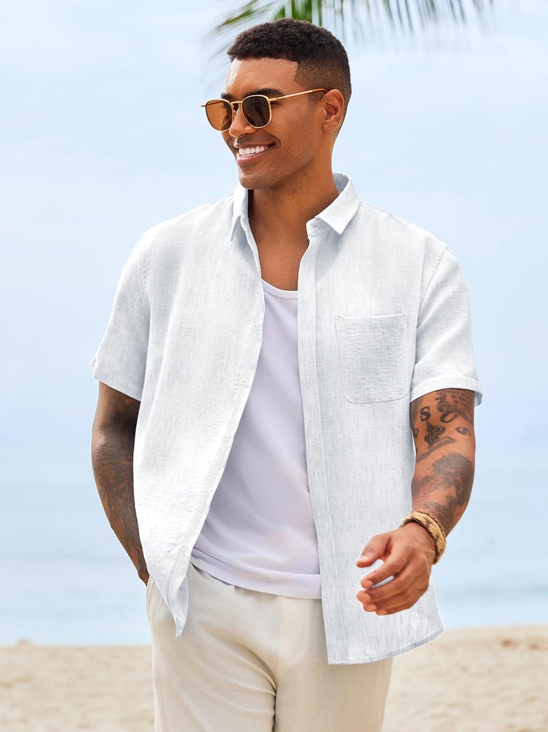 Runcati Mens Linen Button Down Shirts Casual Short Sleeve Shirt Summer Beach Wedding Tops with Pocket White - Image 2