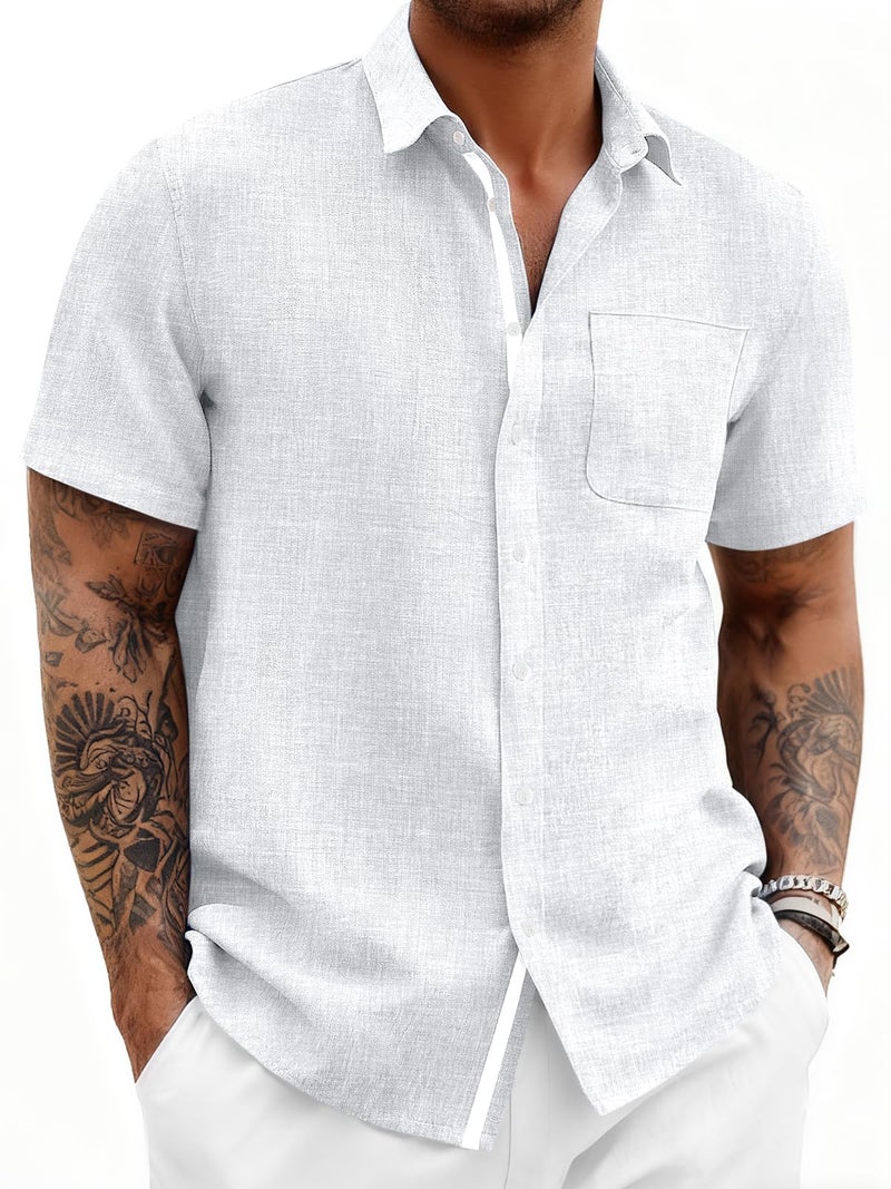 Runcati Mens Linen Button Down Shirts Casual Short Sleeve Shirt Summer Beach Wedding Tops with Pocket White - Image 1