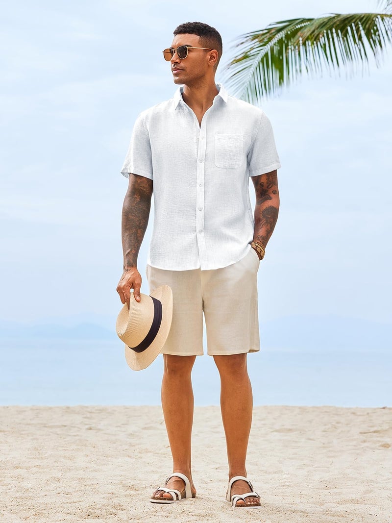 Runcati Mens Linen Button Down Shirts Casual Short Sleeve Shirt Summer Beach Wedding Tops with Pocket White - Image 5