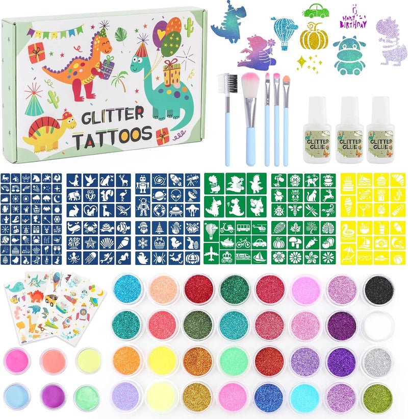 Glitter Tattoos for Kids Dinosaur Temporary Glitter Tattoo Kit for Boys 32 Colors Glitter 6 Light Up Powder 164 Stencils 5 Brushes 4 Tattoo Stickers 3 Glues Birthday Party Favors