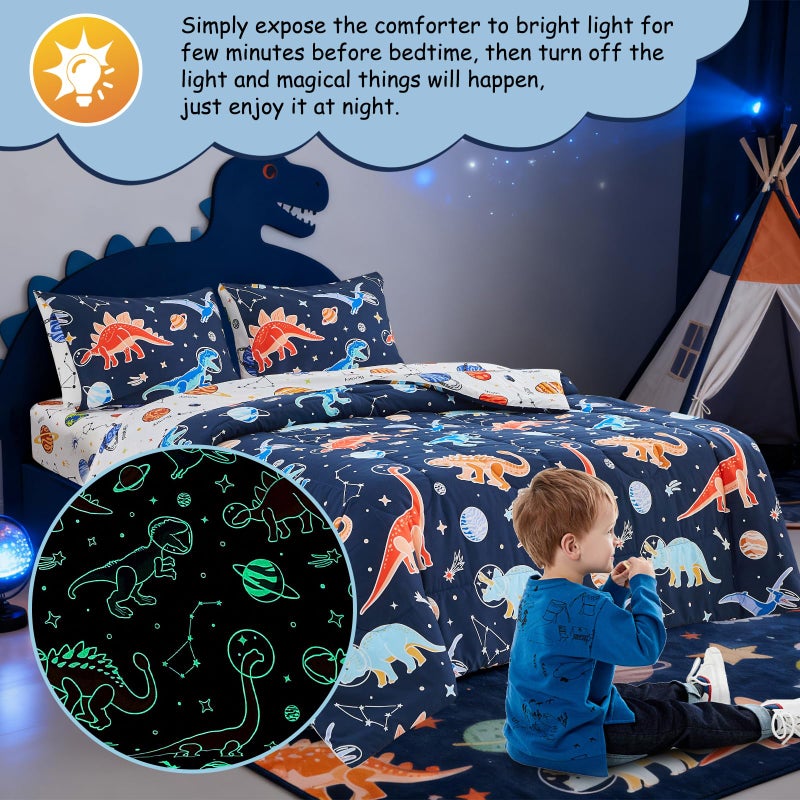 A Nice Night 5pc Glow in The Dark Kids Comforter Set,Dinosaur Galaxy Printed, Space Bedding Set Twin Size for Boys Girls Teen - Image 3