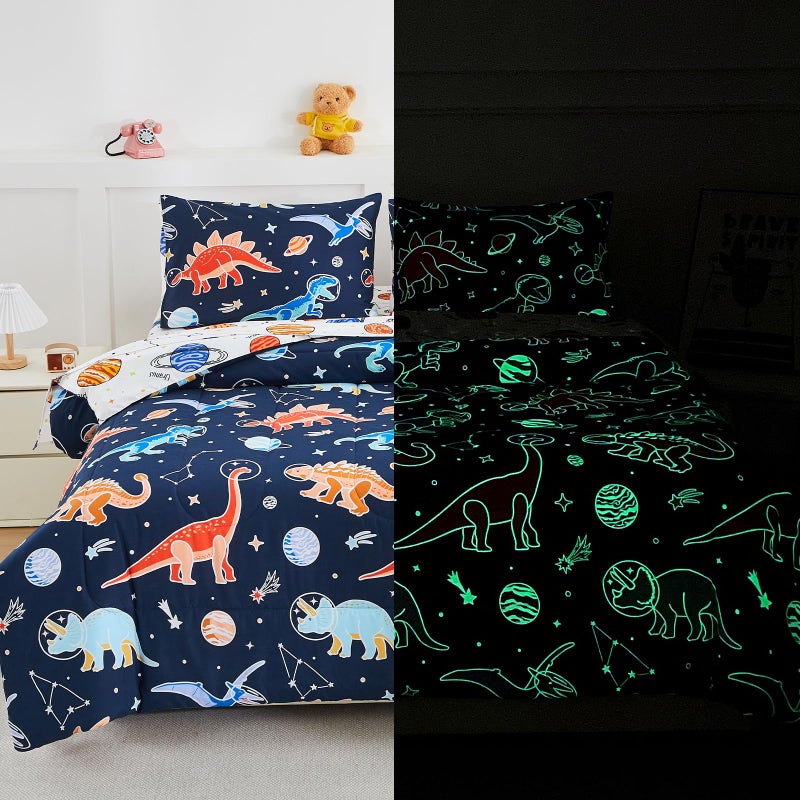 A Nice Night 5pc Glow in The Dark Kids Comforter Set,Dinosaur Galaxy Printed, Space Bedding Set Twin Size for Boys Girls Teen - Image 1