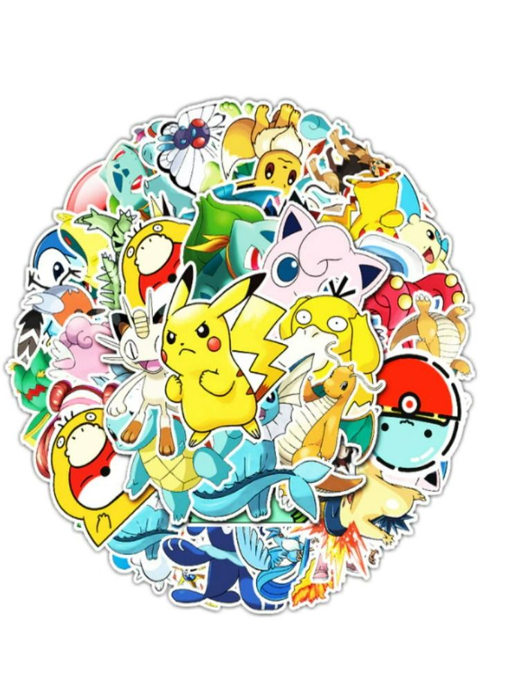 JOLLITY LLC Pokemon Anime Stickers Cartoon Waterproof Sunscreen Notebook Trolley Car Sticker Pikachu Psyduck Gengar Children Boys Girls Toys (50pcs) - Image 1