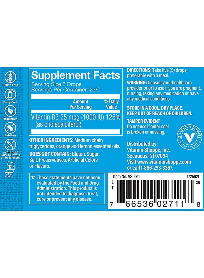 The Vitamin Shoppe فيتامين سائل D3 1000IU، يدعم صحة العظام والمناعة، يساعد في نمو الخلايا الصحية وامتصاص الكالسيوم، بنكهة الحمضيات، 1 أونصة سائلة من ذا فيتامين شوب - Image 3