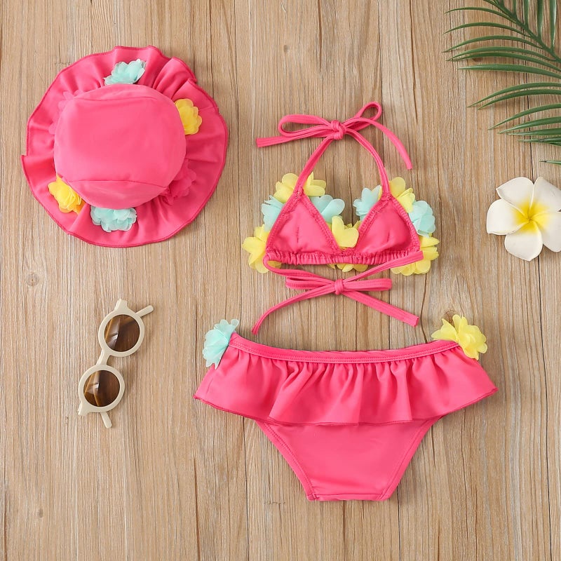Yccutest Infant Baby Girl Flower Swimsuit 3Pcs Halter Triangle Tops Ruffle Bottoms Sun Hat Bikini Set Bathing Suit Swimwear (Pink,12-18 Months) - Image 5