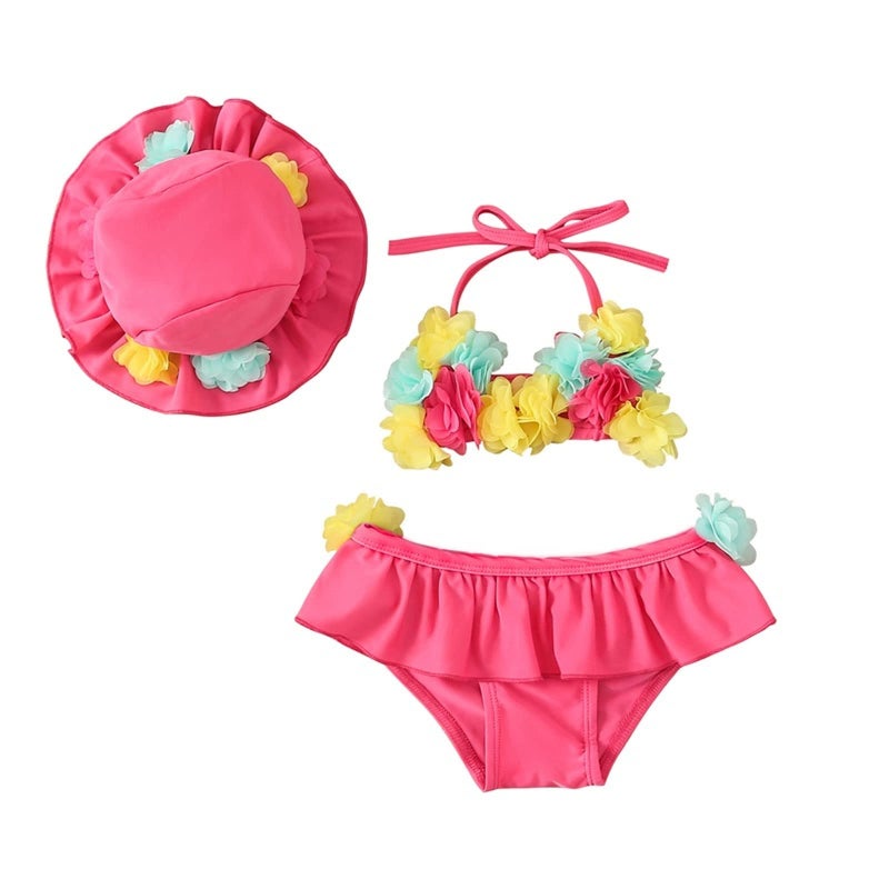 Yccutest Infant Baby Girl Flower Swimsuit 3Pcs Halter Triangle Tops Ruffle Bottoms Sun Hat Bikini Set Bathing Suit Swimwear (Pink,12-18 Months) - Image 1