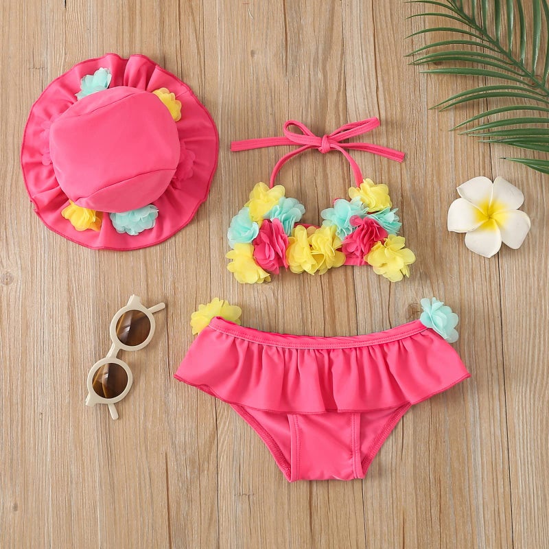 Yccutest Infant Baby Girl Flower Swimsuit 3Pcs Halter Triangle Tops Ruffle Bottoms Sun Hat Bikini Set Bathing Suit Swimwear (Pink,12-18 Months) - Image 2