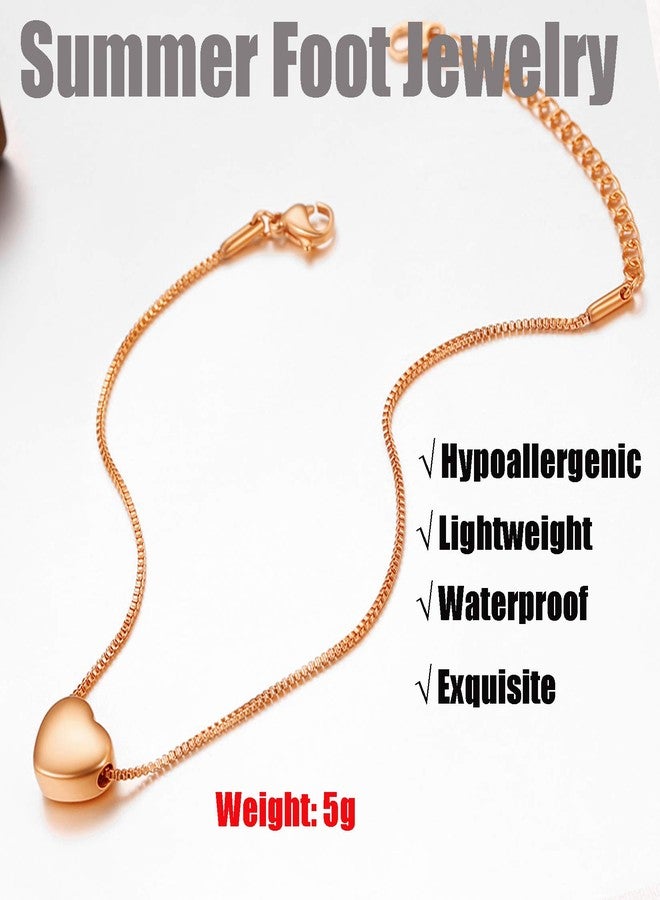 يو7 خلخال U7 ذهبي وردي للنساء، مجوهرات صيفية للقدمين حافيتين، سوار كاحل صغير على شكل قلب، طوله من 9 إلى 11 بوصة - Image 4