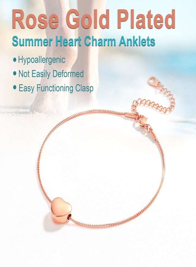 يو7 خلخال U7 ذهبي وردي للنساء، مجوهرات صيفية للقدمين حافيتين، سوار كاحل صغير على شكل قلب، طوله من 9 إلى 11 بوصة - Image 3