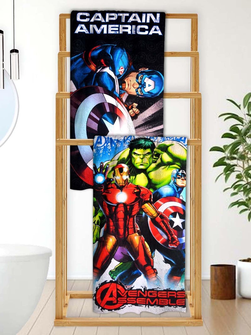Athom Living Marvels Captain America and Avengers Themed Kids Bath Towel, 60x120cm, 350 GSM, Soft & Absorbent, Multicolor, Perfect for Boys and Girls, Fun & Vibrant Design, Pack of 2 - Image 1