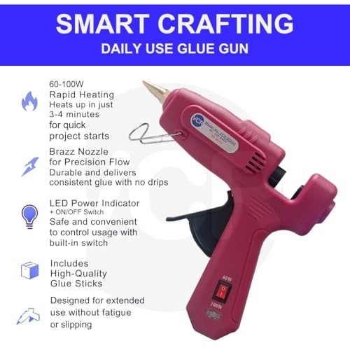 VCR 60/100W Light Weight Hot Melt Glue Gun for DIY with ON/Off Switch - 60/100 Watts - Thin Nozzle for Precise Glue Output - Easy To Use Red Glue Gun + 5 Transparent - 11mm Glue Sticks - VCR 60100 - Image 4