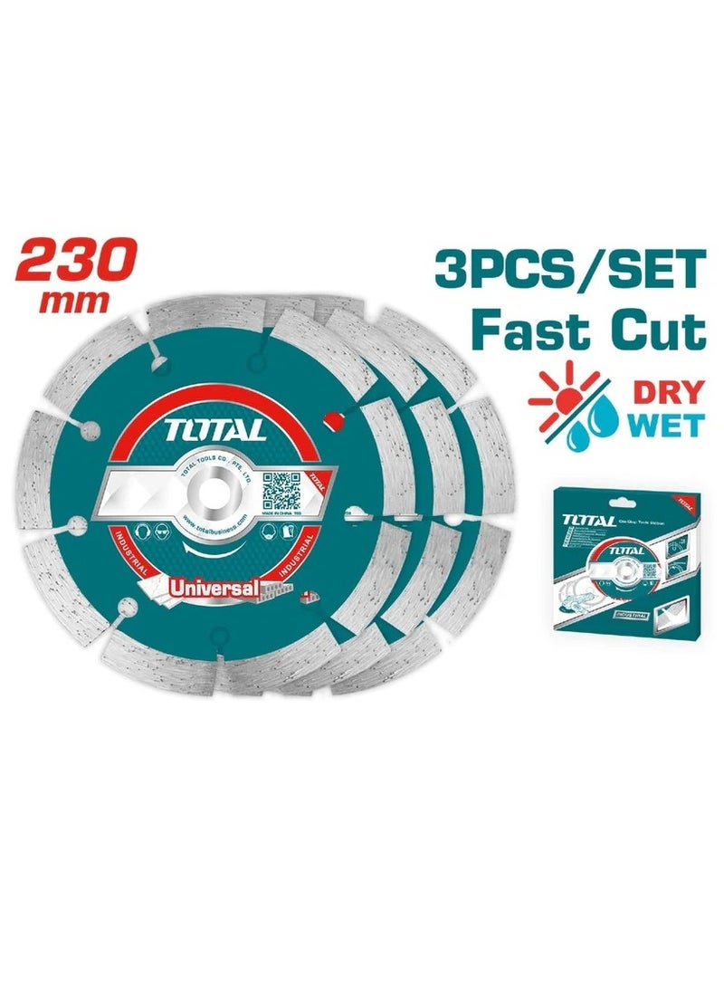 TOTAL Total 3 Pcs Dry Diamond Disc Set for Marble and Granite, 230mm (9") X 22.2mm, Blade Width 7mm - Concrete Cutting & Grinding Discs for Home and Professional Use, Packed in Color Box  - Image 1