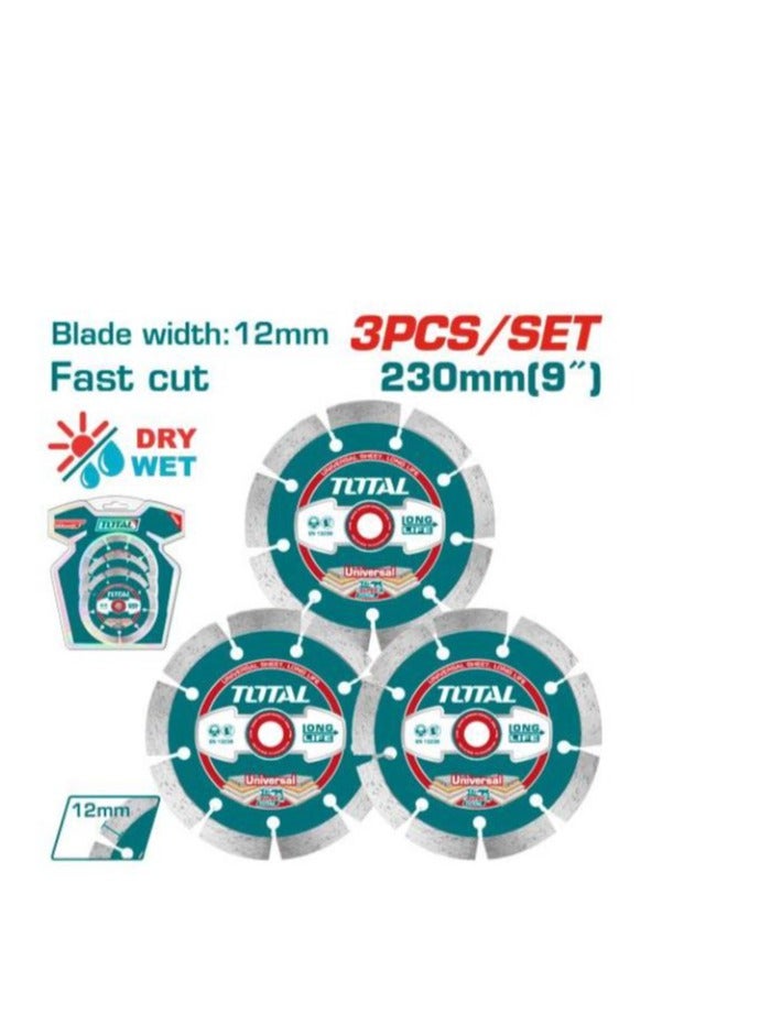 TOTAL Total 3 Pcs Dry Diamond Disc Set for Marble and Granite, 230mm (9") X 22.2mm, Blade Width 7mm - Concrete Cutting & Grinding Discs for Home and Professional Use, Packed in Color Box  - Image 2