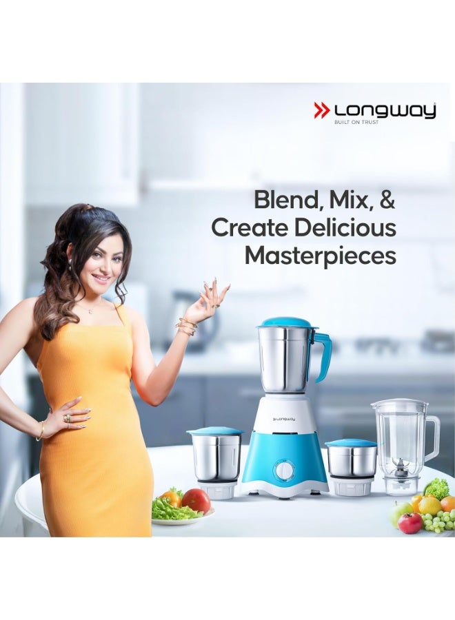 لونج واي Longway Super Dlx Juicer Mixer Grinder | Up to 750 Watt Powerful Motor | 4 Jars for Grinding, Mixing, Juicing | 2 Year Warranty | Blue & White - Image 5