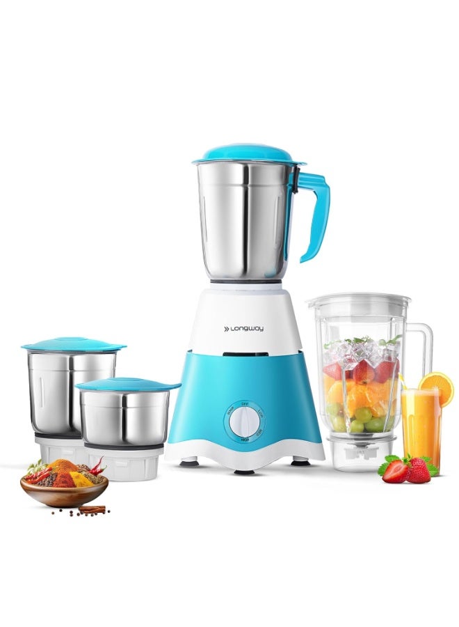 لونج واي Longway Super Dlx Juicer Mixer Grinder | Up to 750 Watt Powerful Motor | 4 Jars for Grinding, Mixing, Juicing | 2 Year Warranty | Blue & White - Image 1