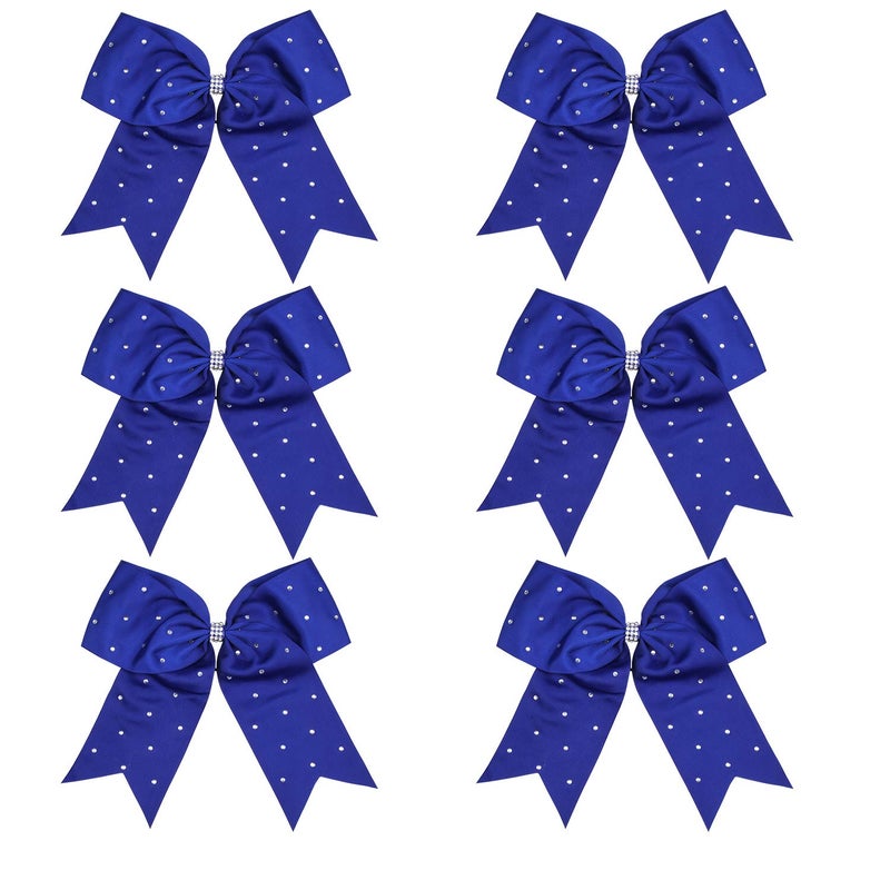 8 Inch Jumbo Cheerleader Bows with Bling Fling Rhinestones Ponytail Holder Cheerleading Bows Hair Tie 6 Pcs College Royal Blue