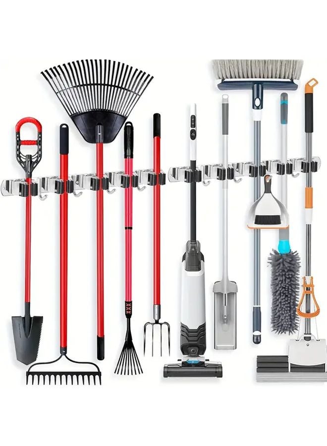 Stainless Steel Wall Mounted Broom Holder With 5 Clips And 4 Hooks Heavy Duty Storage - Image 2