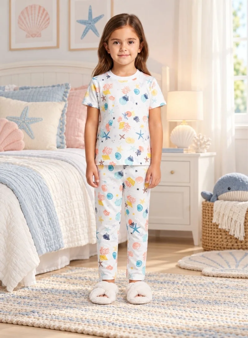 بيبي كلو Girls White Seashell and Starfish Print Pajama Set